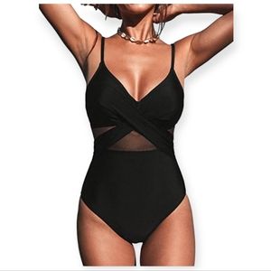 CUPSHE Women V Neck One Piece Swimsuit Wrapped Mesh Tummy Control Bathing Suit